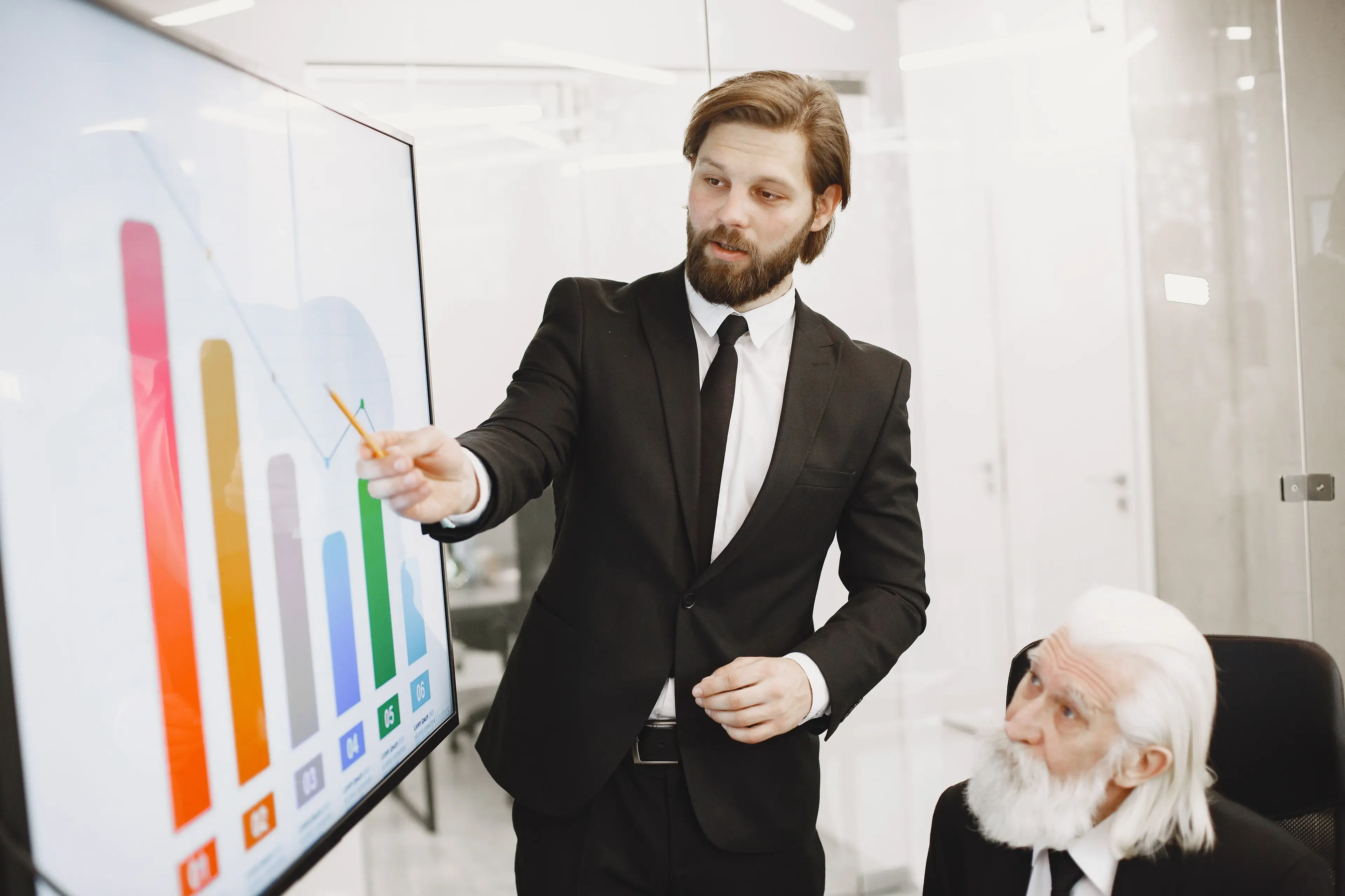 A business analyst presenting results to colleagues in front of a chart